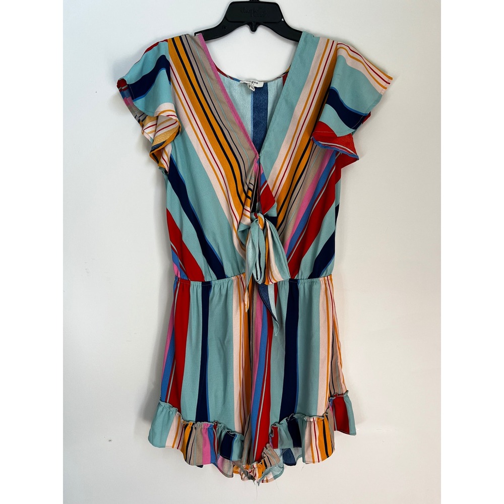 Umgee‎ USA Women's Striped Tie Front Ruffle Romper Multicolor Size L
